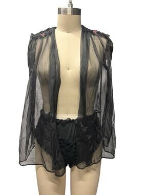 Lingerie 2pc Vtg Sheer CHIFFON Black Ruffle Roses NYLON PANTY Set Sz M